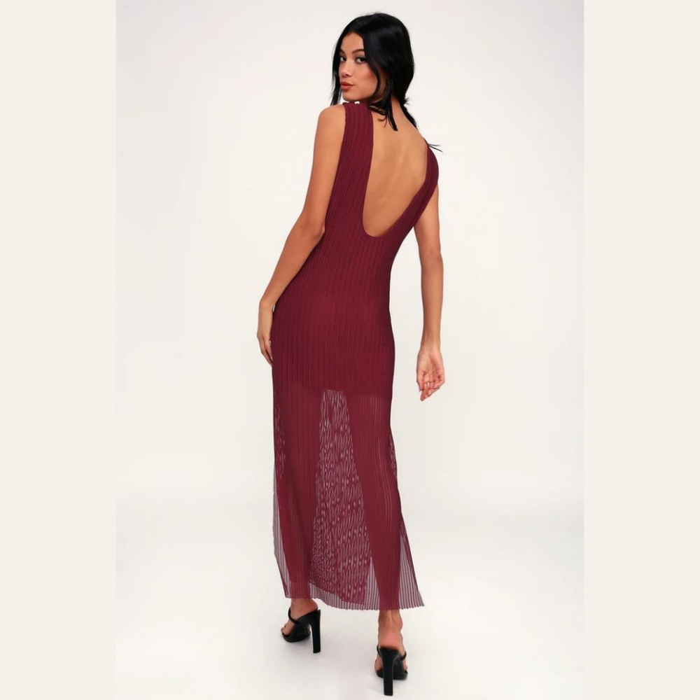 Lulu's Net-Worth It Burgundy Sleeveless Mesh Midi Dress XS - Picture 2 of 9